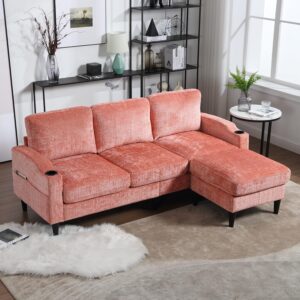 klwenas maec 77" living room sectional sofa, convertible l shaped 3-seat bench sofa couch with storage chaise upholstered couches,comfy polyester upholstered sofa sleeper for apartment, office (pink)