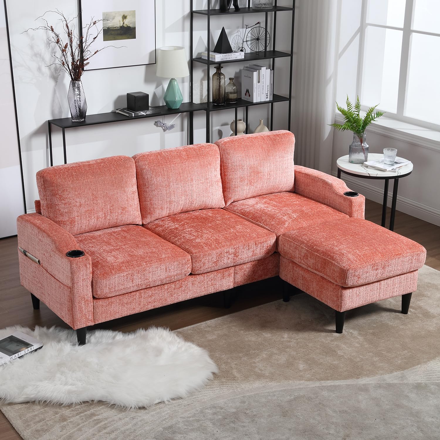 Klwenas Maec 77" Living Room Sectional Sofa, Convertible L Shaped 3-Seat Bench Sofa Couch with Storage Chaise Upholstered Couches,Comfy Polyester Upholstered Sofa Sleeper for Apartment, Office (Pink)