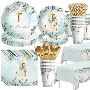 suhelkit first communion decorations tableware boy - god bless baptism plate, cup, napkin, tablecloth, cutlery, mi bautizo eucalyptus leaves sage for christening baby shower religious party | serve 24