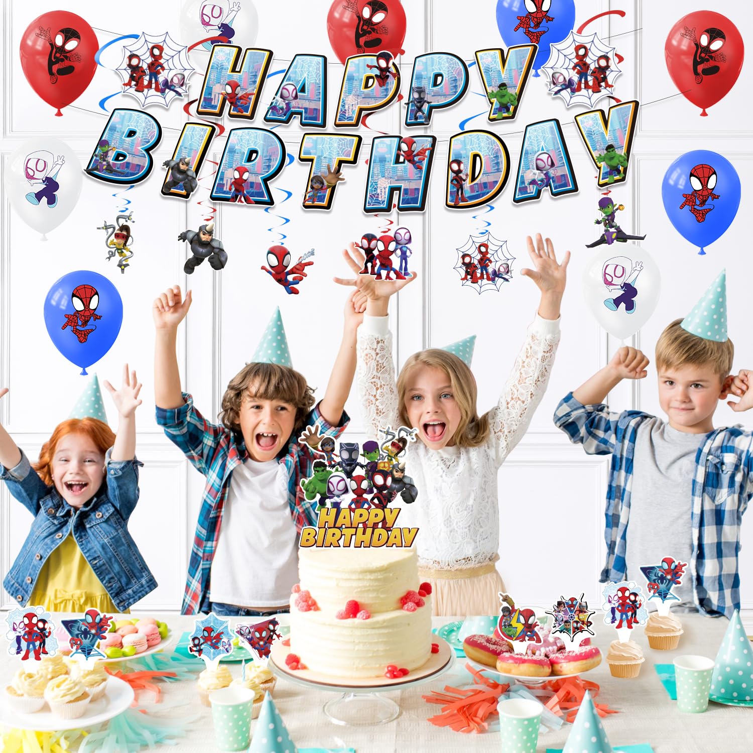 Spidey Party Supplies Set Include Banner, Balloons, Hanging Swirls,Cake Topper, Cupcake Toppers, Masks and Tablecloth For Party