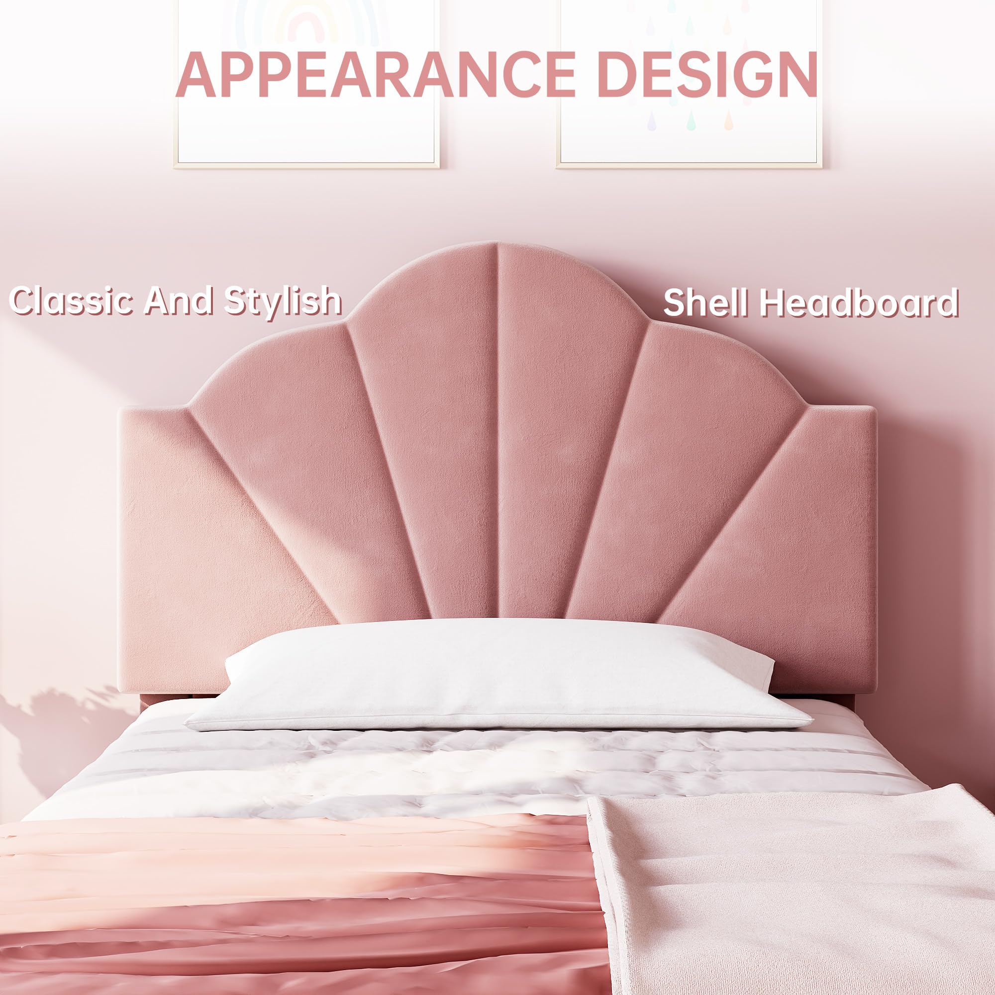 IDEALHOUSE Twin Pink Bed Frame, Twin Velvet Upholstered Bed Frame with Height Adjustable Headboard, Girl Twin Bed Frame with Strong Wood Slat Support and Metal Frame, Easy to Assemble