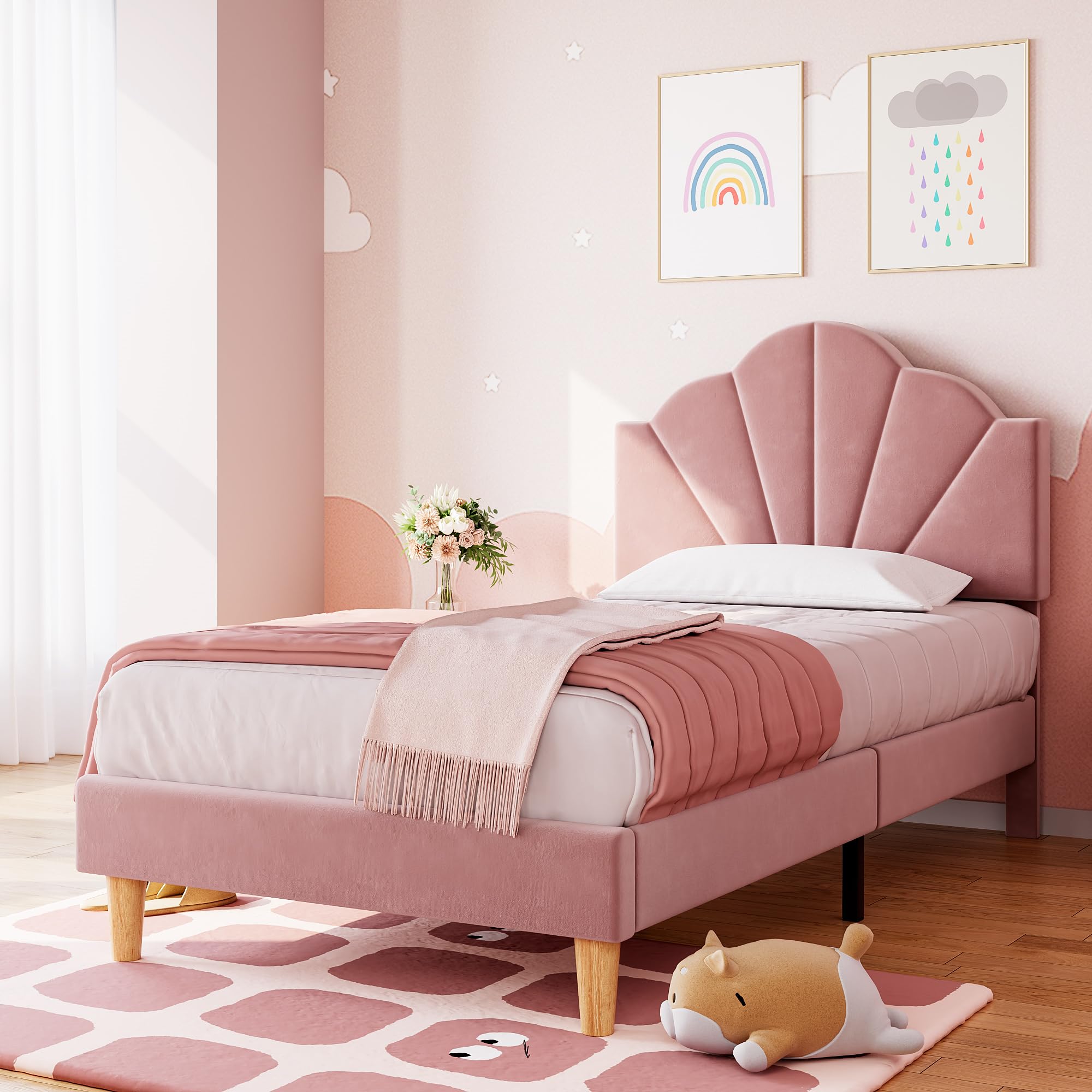 IDEALHOUSE Twin Pink Bed Frame, Twin Velvet Upholstered Bed Frame with Height Adjustable Headboard, Girl Twin Bed Frame with Strong Wood Slat Support and Metal Frame, Easy to Assemble