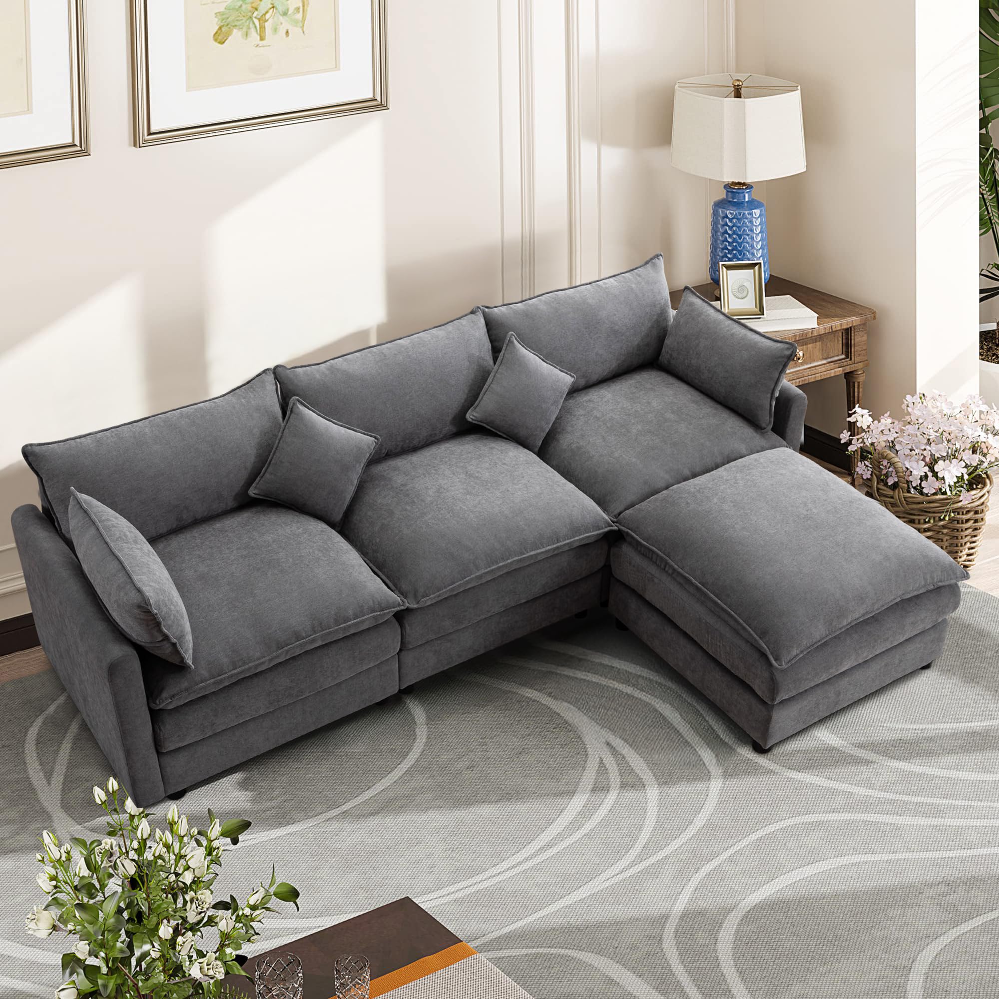 Comfy Cloud Couches for Living Room, 24.8" Extra Deep Modular Sectional Sofa with Ottoman Fluffy Chenille Modern Sofas Upholstered Comfortable L-Shaped Couch for Apartment Lounge Furniture Set (Grey)