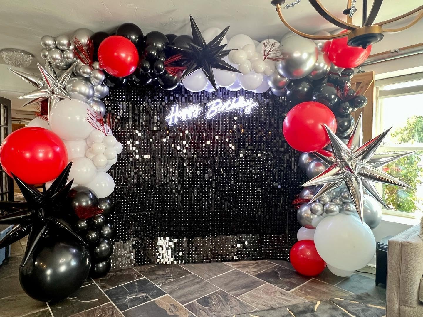 ADOINBY Red Black and White Balloon Arch Kit, 201Pcs Explosion Star Red Black White Silver Latex Balloon Garland kit, Different Size Balloons for Anniversary Birthday Racing Car Poker Party Decoration