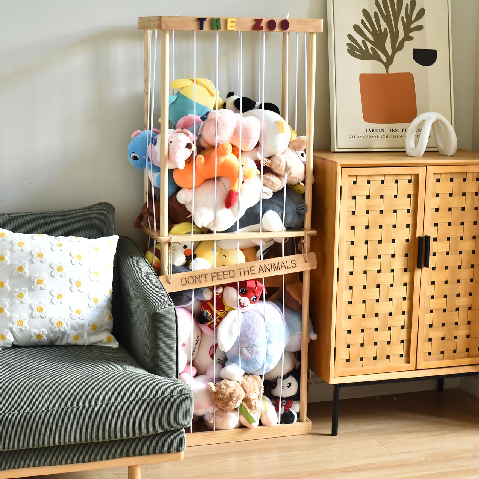 FUIN Stuffed Animal Zoo Storage Cage, Large Wooden Stuffed Animal Jail Organizer, Creative Toy Zoo Storage for Plushies and Squishmallow, Durable Corner Stuffed Animal Tower Holder Display, Natural