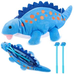 chivertion dinosaur pencil case for kids 3d plush animal dinosaur pencil pouch with 2 pcs dinosaur design fun pencils soft stationery storage pen bag for girls and boys back to school supplies(blue)