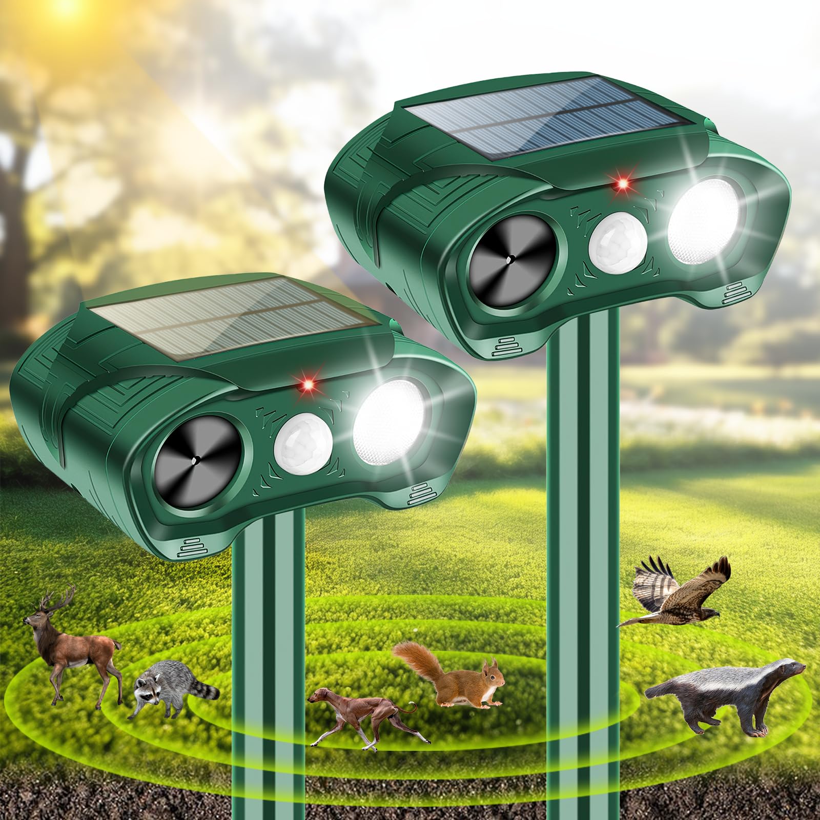 Jahy2Tech Animal Repellent Outdoor Deer Repellent Ultrasonic Cat Repellent with Motion Sensor & Strobe Flashing Light,Skunk Rabbit Raccoon Repellent Solar Animal Repeller Deterrent for Garden,2 Pack