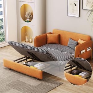 siu want 3 in 1 Sleeper Sofa Couch Bed, Convertible Pull Out Couch with Storage, Orange Folding Loveseat with 3 Pillows, Side Pockets, Velvet Sofa Bed for Living Room - 55.3In