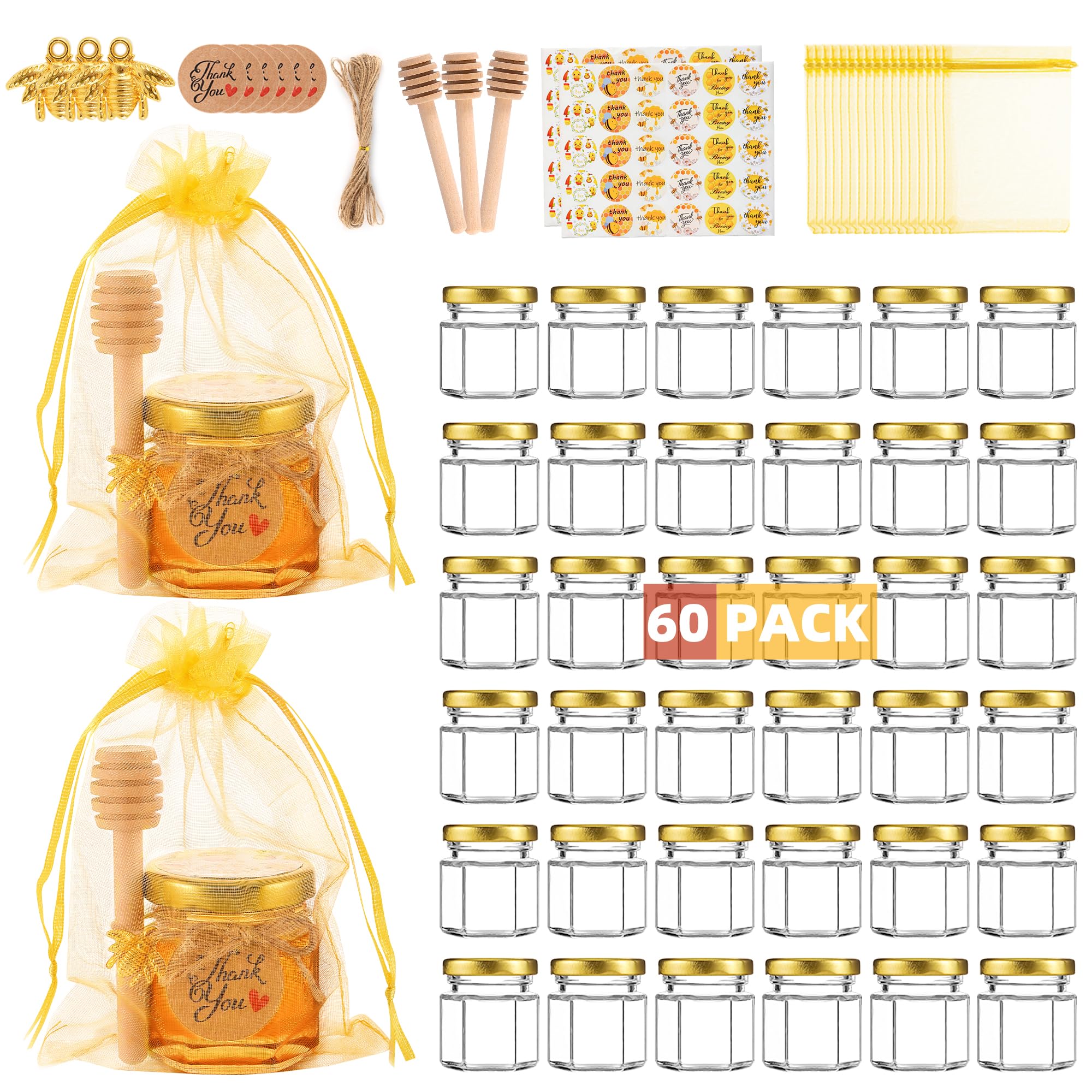 GIVAMEIHF 60Pcs Mini Glass Honey Jars,1.5oz Hexagon Small Honey Jars with Wooden Dippers,Gold Bags,Bee Charms,Thank You Cards,Rope,Stickers,Mini Honey Jars Party Favors for Baby Shower Wedding