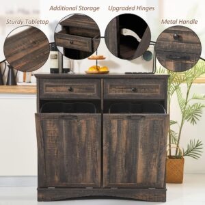 OUTGUAVA Double Tilt Out Trash Cabinet Kitchen Trash Bin Cabinet Recycling Trash Cabinet with Hideaway Drawers, 2x13 Gallons Pet Proof Trash Can Cabinet for Kitchen Living Room, Rustic Brown