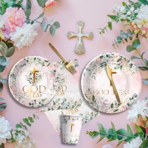 Suhelkit God Bless Baptism Plates And Napkins Girl - First Communion Decorations Party Tableware, Plate, Cup, Napkin, Tablecloth, Cutlery, For Christening Celebration Baby Shower Religious | Serve 24