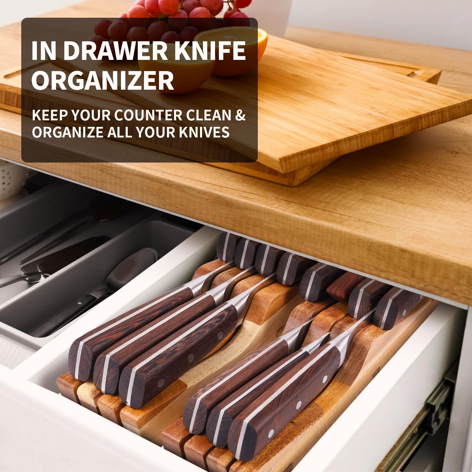 Ouvibor Acacia Wood Knife Drawer Organizer, In-Drawer Knife Block for 16 Knives & Honing Steel(Not Included), Drawer Knife Organizer for Steak Knives,Kitchen Knives, Washable & Saves Countertop Space