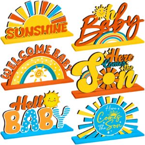 threehoney 6 pcs here comes the son baby shower decorations retro boho party centerpiece for table toppers wooden sunshine baby shower decorations for home office desk tier tray decor party supplies