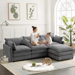 comfy cloud couches for living room, 24.8" extra deep modular sectional sofa with ottoman fluffy chenille modern sofas upholstered comfortable l-shaped couch for apartment lounge furniture set (grey)