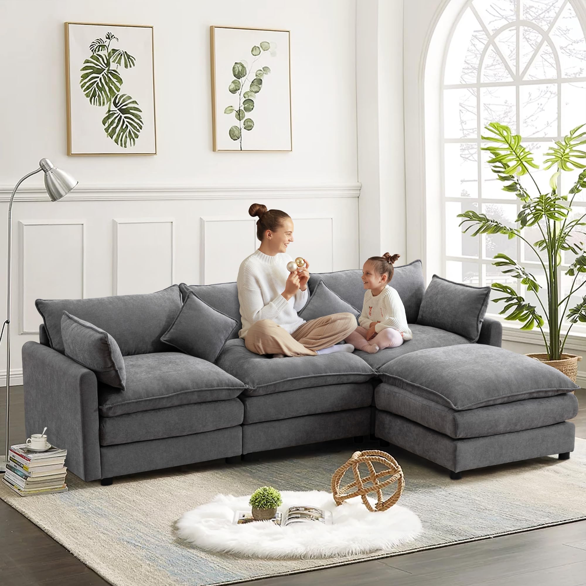 Comfy Cloud Couches for Living Room, 24.8" Extra Deep Modular Sectional Sofa with Ottoman Fluffy Chenille Modern Sofas Upholstered Comfortable L-Shaped Couch for Apartment Lounge Furniture Set (Grey)