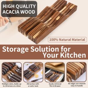 Ouvibor Acacia Wood Knife Drawer Organizer, In-Drawer Knife Block for 16 Knives & Honing Steel(Not Included), Drawer Knife Organizer for Steak Knives,Kitchen Knives, Washable & Saves Countertop Space