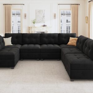 HONBAY Modular Sectional Sofa Oversized U Shaped Couch with Storage Seat Velvet 7-Seat Modular Sofa with Reversible Chaises,Velvet Black