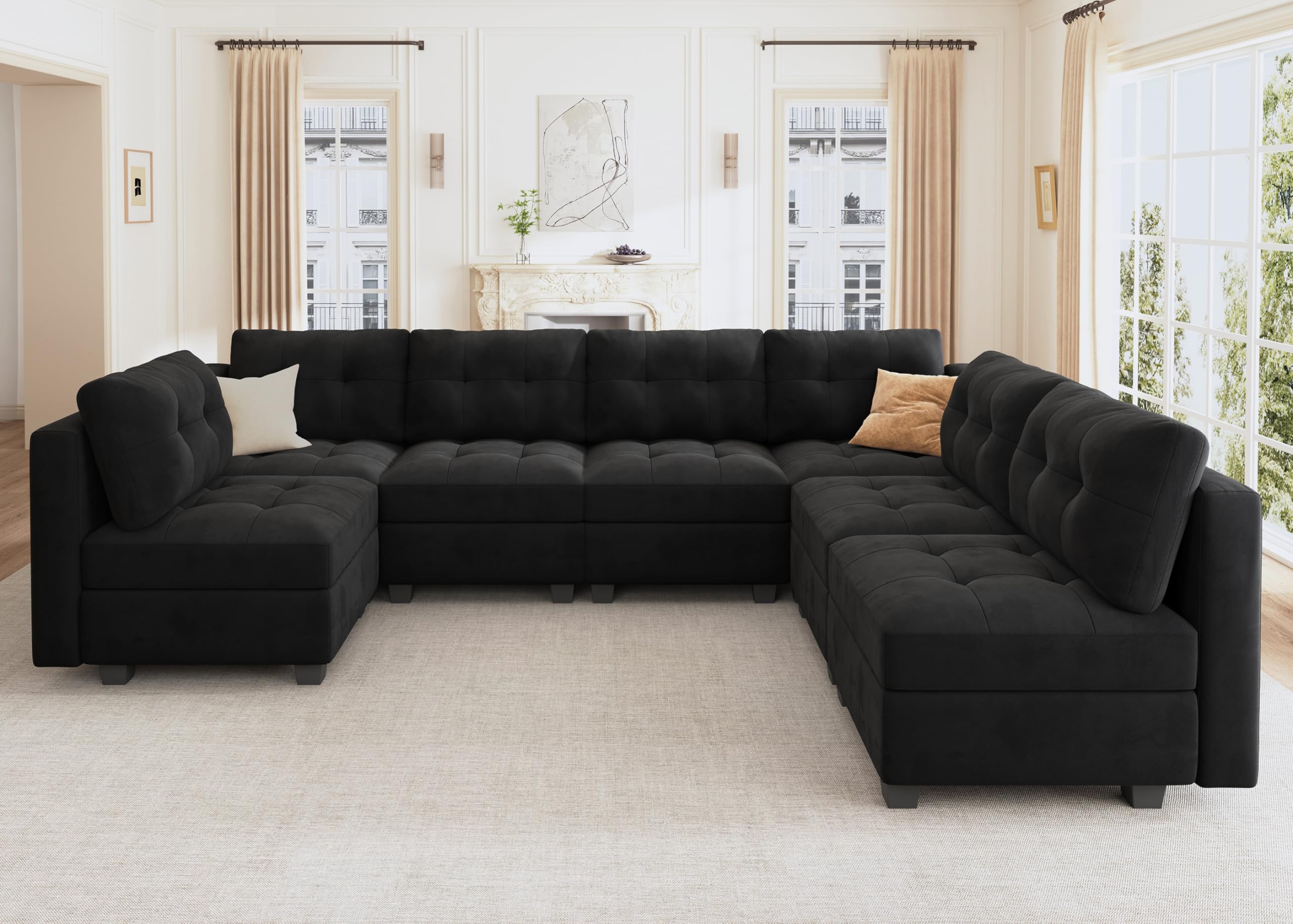 HONBAY Modular Sectional Sofa Oversized U Shaped Couch with Storage Seat Velvet 7-Seat Modular Sofa with Reversible Chaises,Velvet Black