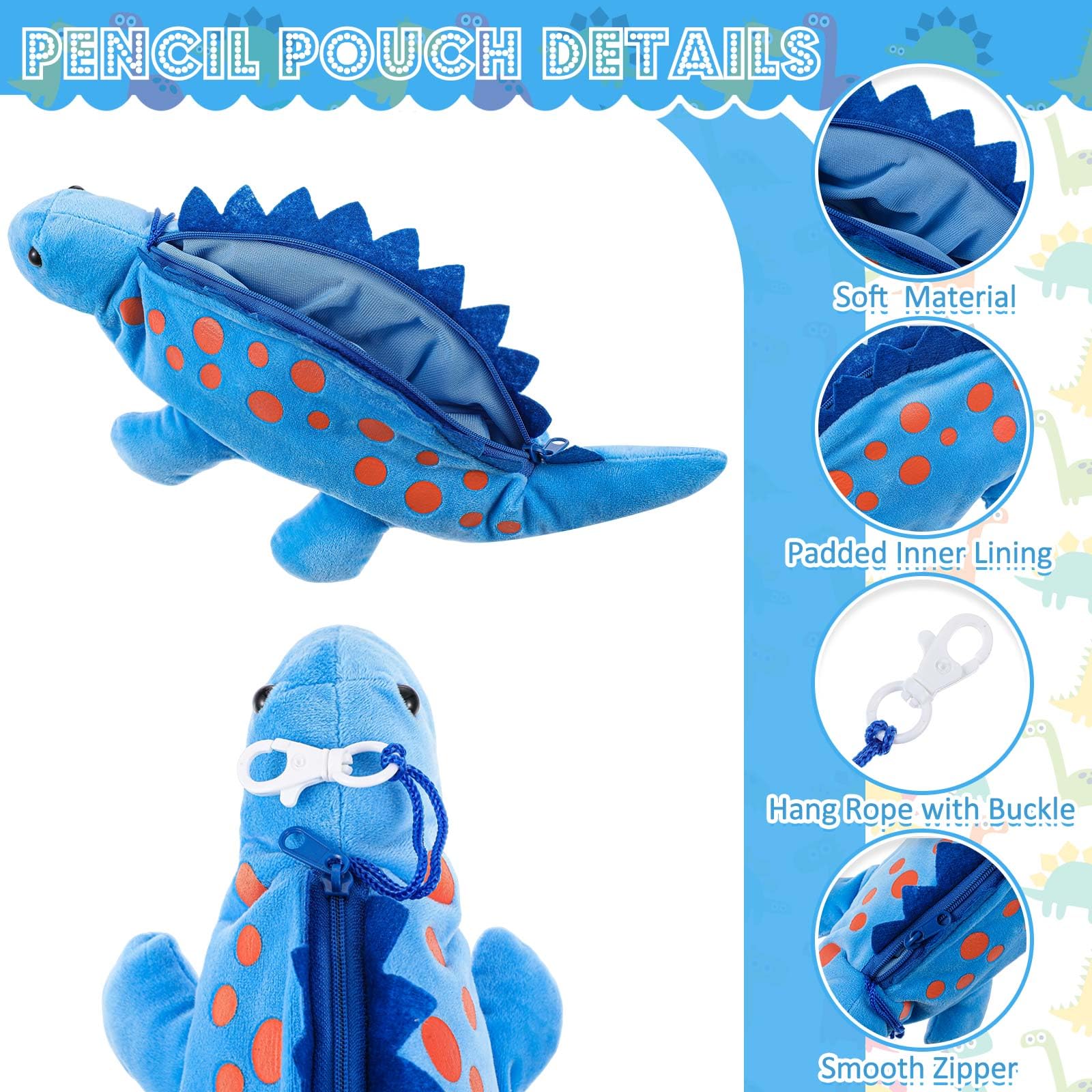 Chivertion Dinosaur Pencil Case for Kids 3D Plush Animal Dinosaur Pencil Pouch with 2 Pcs Dinosaur Design Fun Pencils Soft Stationery Storage Pen Bag for Girls and Boys Back to School Supplies(Blue)