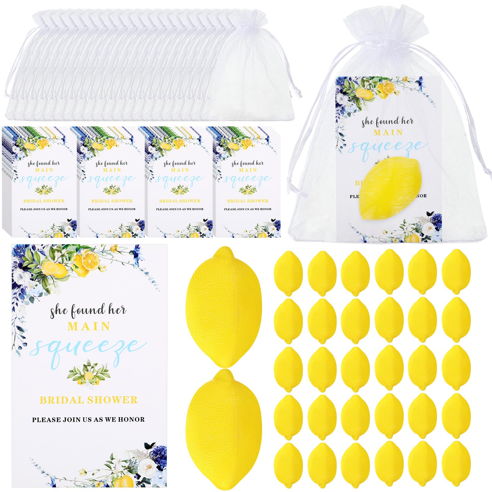 Foilswirl 48 Sets Lemon Themed Bridal Shower Party Gifts Lemon Foam Squeeze Stress Relief Balls with Cards and Organza Drawstring Bag Her Main Squeeze Wedding Game Prizes Gifts