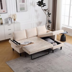 sectional couch with pull out sofa bed, sleeper sofa with side table and storage chaise, l shape sofa bed couch with pocket, convertible couches for living room bedroom apartment, beige