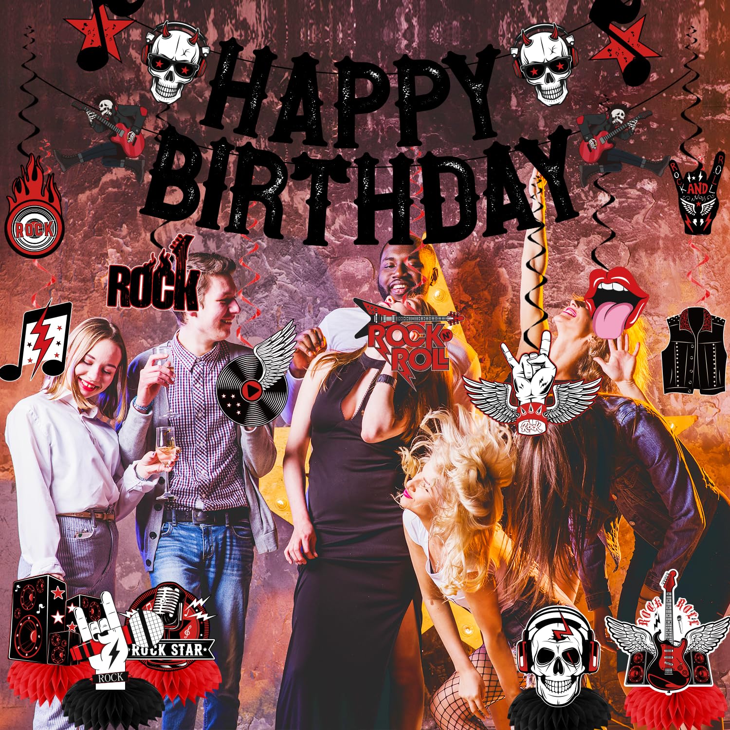 LARRAZABAL Rock and Roll Birthday Party Decorations Music Themed Party Decorations Include Happy Birthday Banner Hanging Swirls and Honeycomb Centerpiece Rock and Roll Baby Shower Supplies