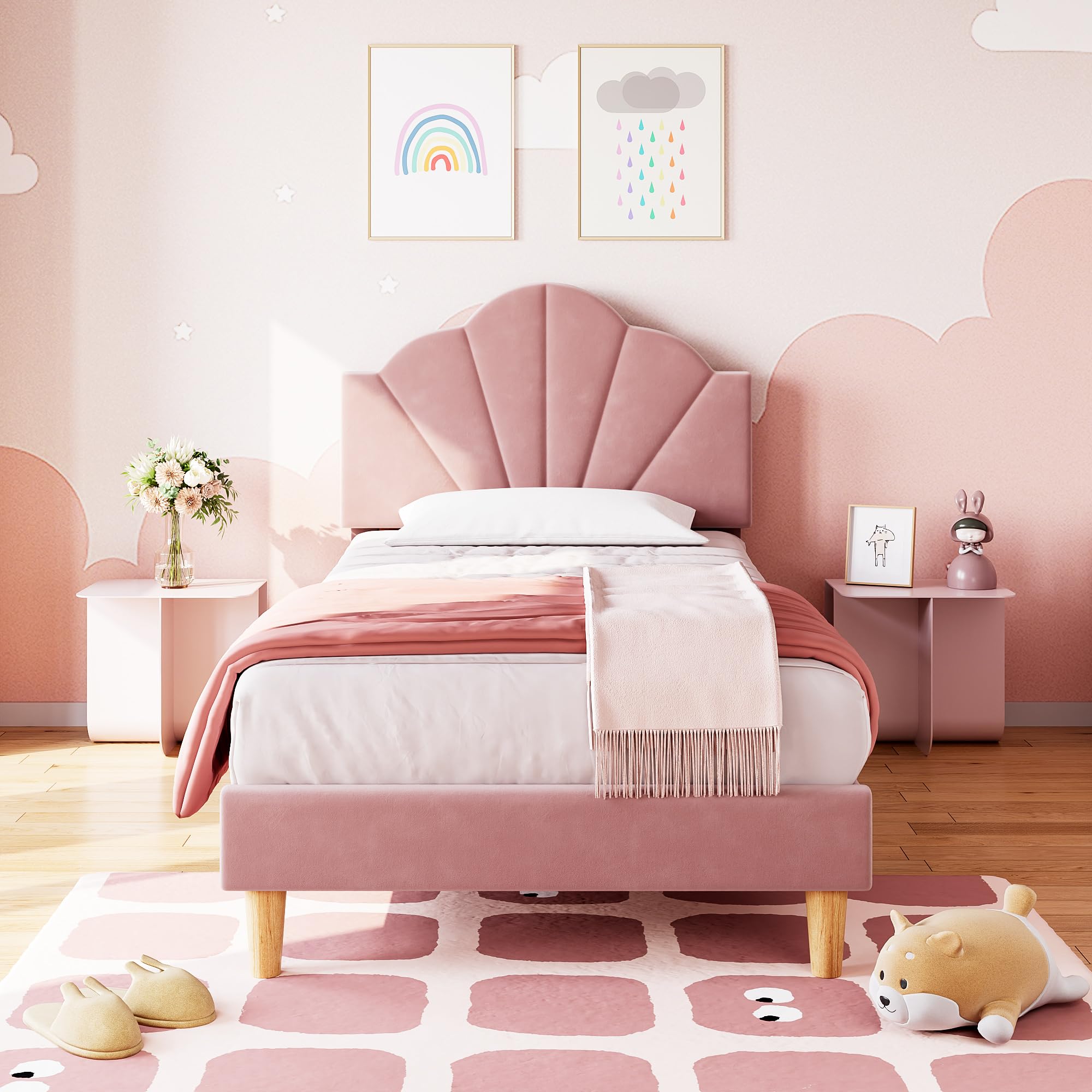 IDEALHOUSE Twin Pink Bed Frame, Twin Velvet Upholstered Bed Frame with Height Adjustable Headboard, Girl Twin Bed Frame with Strong Wood Slat Support and Metal Frame, Easy to Assemble