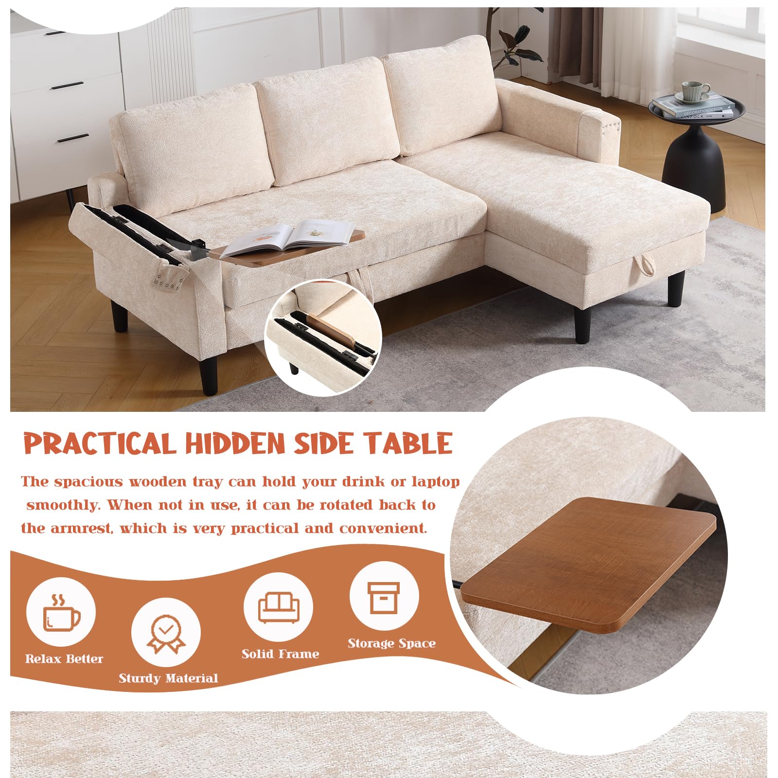 Sectional Couch with Pull Out Sofa Bed, Sleeper Sofa with Side Table and Storage Chaise, L Shape Sofa Bed Couch with Pocket, Convertible Couches for Living Room Bedroom Apartment, Beige