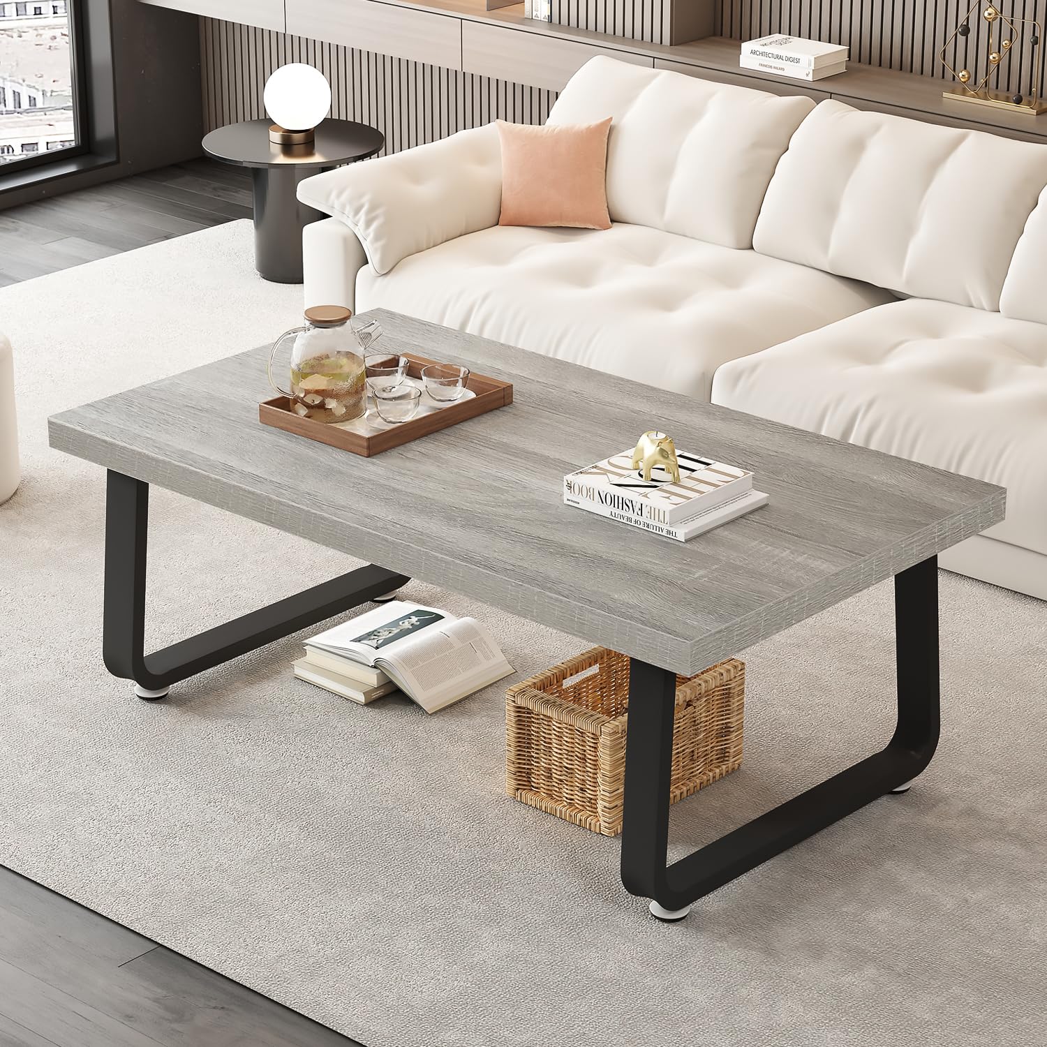 HSH Grey Small Coffee Table, Modern Minimalist Coffee Center Table, Rectangle Simple Wooden Living Room Table, Industrial Wood and Metal Tea Table for Home Bedroom Home Office, Light Grey Oak, 39 in