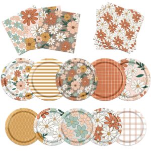 gumwaqu vintage floral paper plates and napkins supplies,daisy floral party supplies wildflower plates disposable spring flower dinnerware for vintage floral party bridal shower decorations