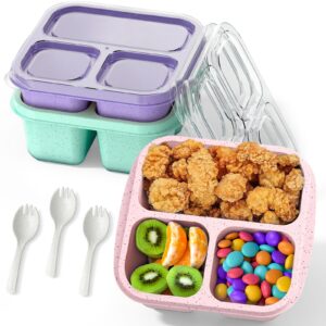 csqlj snack boxes (3 pack), meal prep containers reusable, stackable bento boxes with 3 compartments, bpa free lightweight lunch containers for kids and adults (purple/green/pink)