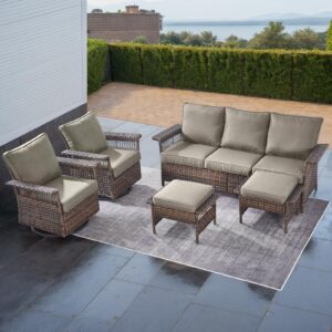 pugire outdoor wicker patio furniture set - 5 piece rattan patio conversation sets with 2 rocking swivel chairs,2 ottomans and 1 sofa for porch deck garden(brown/grey)