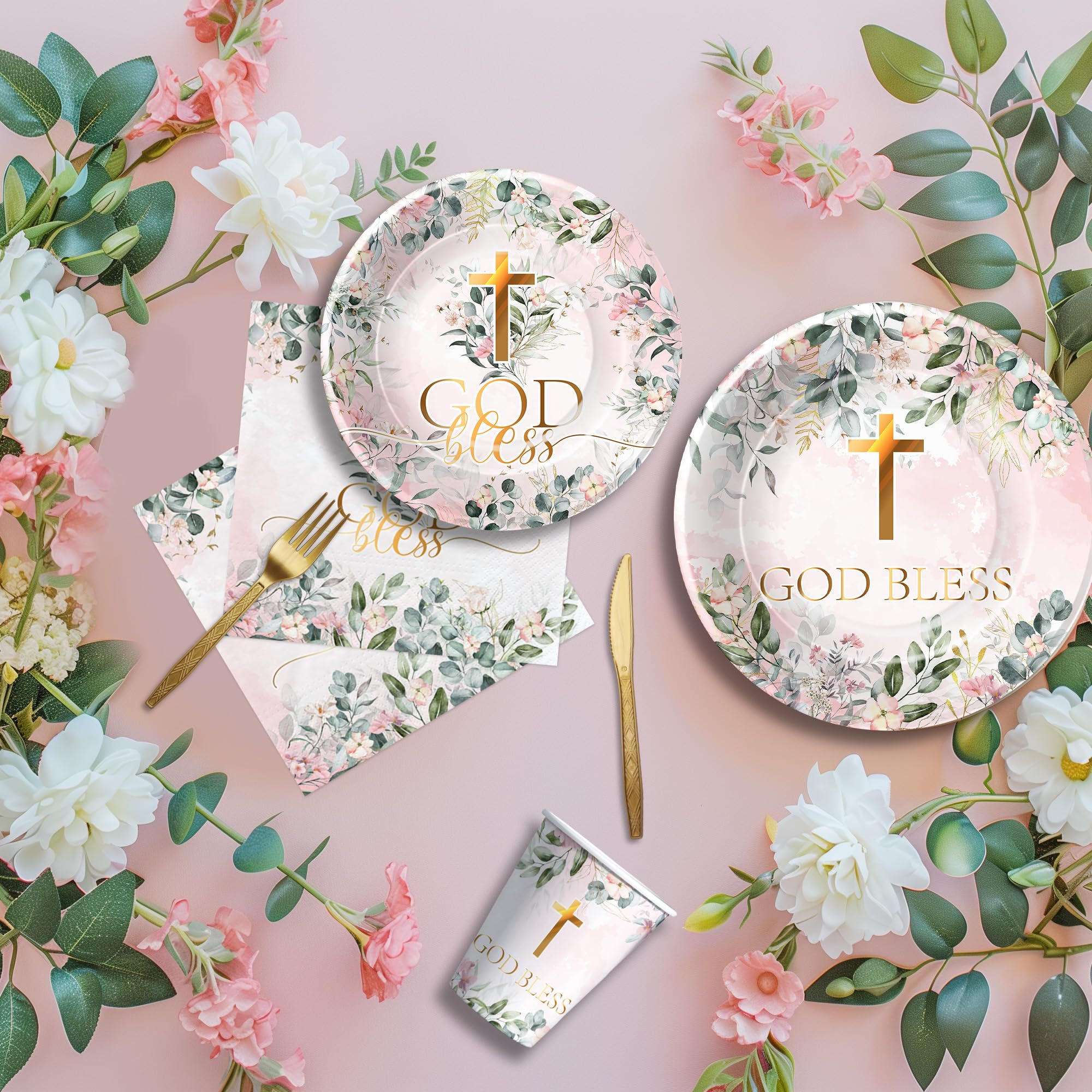 Suhelkit God Bless Baptism Plates And Napkins Girl - First Communion Decorations Party Tableware, Plate, Cup, Napkin, Tablecloth, Cutlery, For Christening Celebration Baby Shower Religious | Serve 24