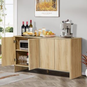 Sideboard Buffets Cabinet, Modern Accent Storage Cabinet with 4 Fluted Doors and Adjustable Shelves, Wood Credenza Buffet Sideboards, Console Table for Kitchen Dining Living Room Entryway (Natural)