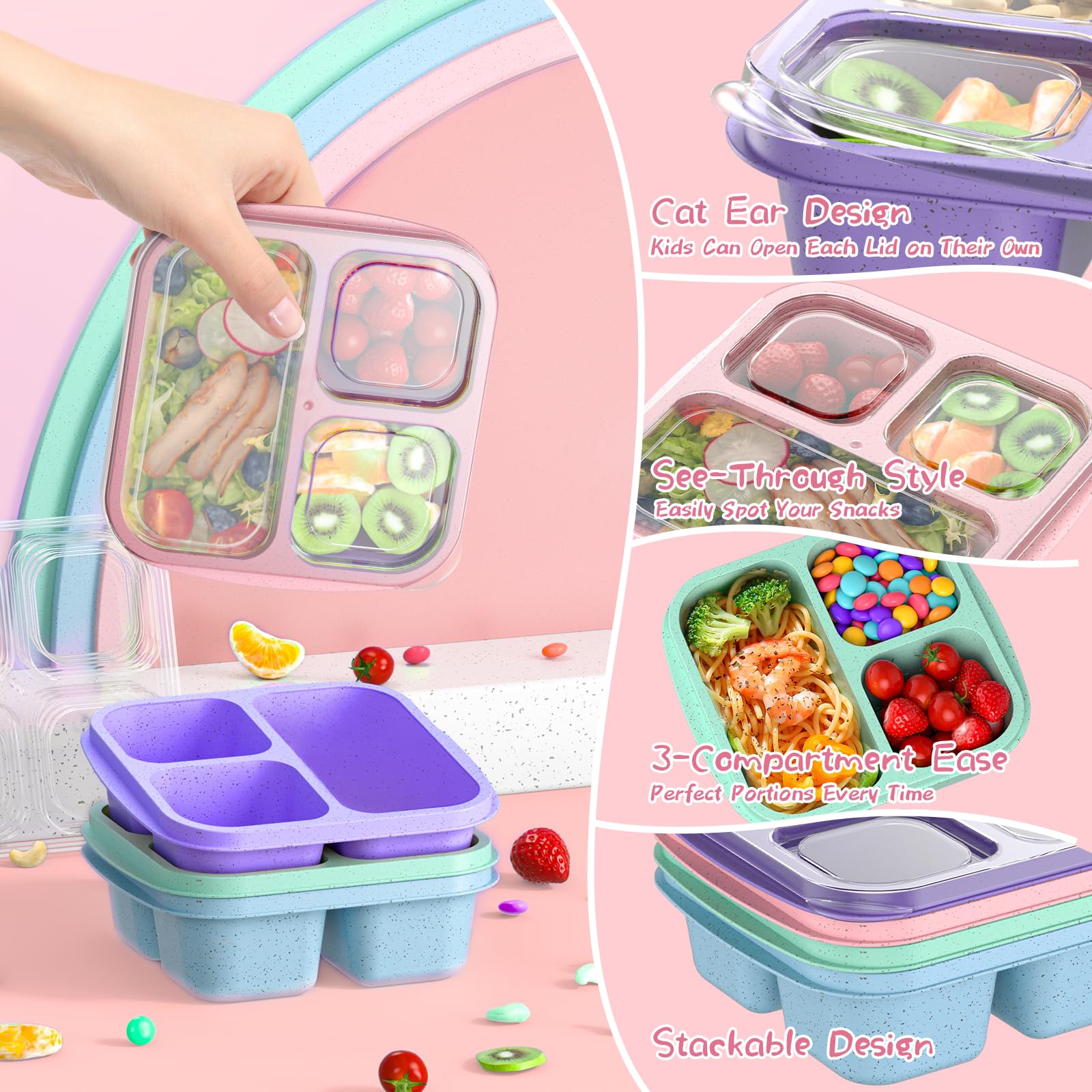 CSQLJ Snack Boxes (3 Pack), Meal Prep Containers Reusable, Stackable Bento Boxes with 3 Compartments, BPA Free Lightweight Lunch Containers for Kids and Adults (purple/green/pink)