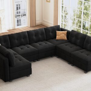 HONBAY Modular Sectional Sofa Oversized U Shaped Couch with Storage Seat Velvet 7-Seat Modular Sofa with Reversible Chaises,Velvet Black