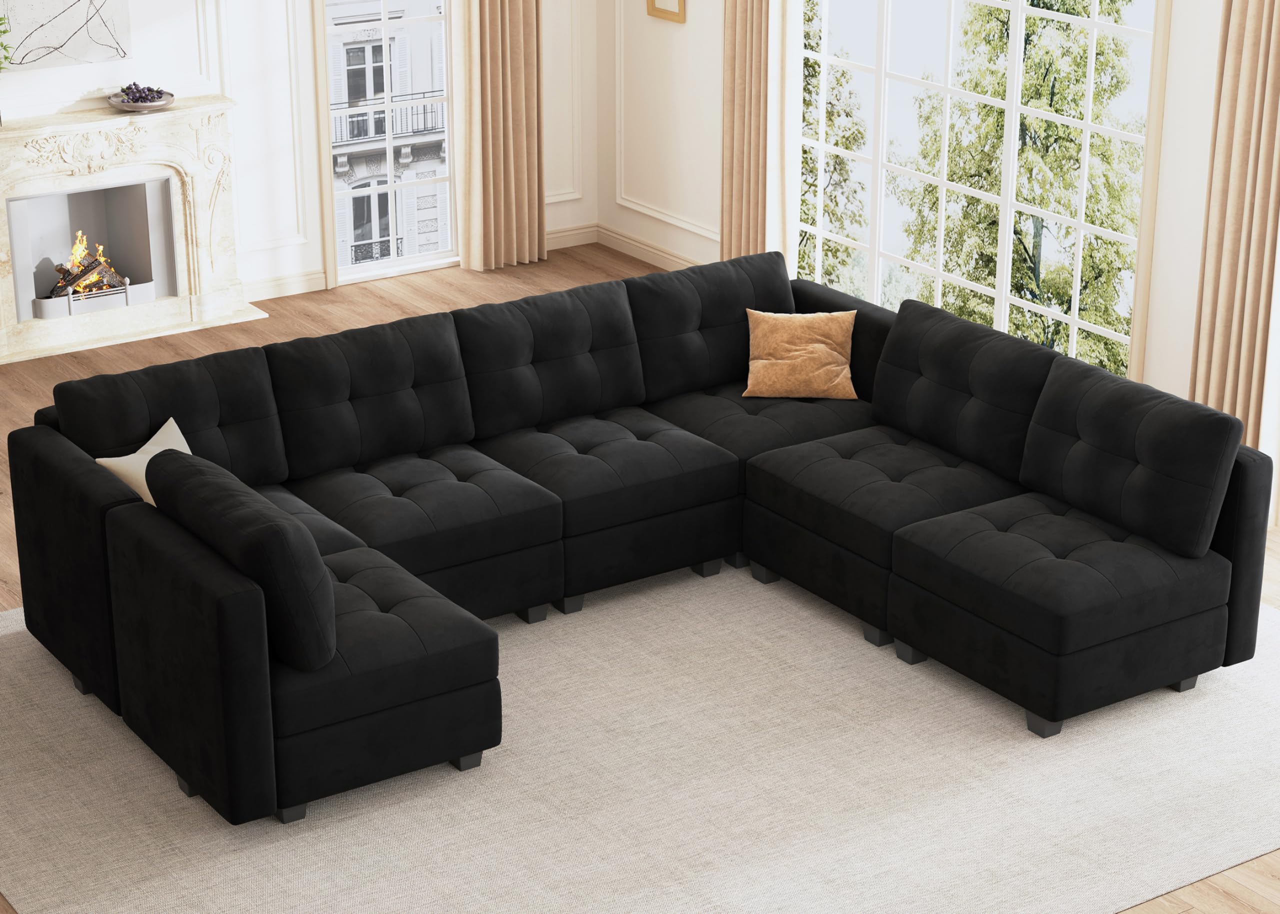 HONBAY Modular Sectional Sofa Oversized U Shaped Couch with Storage Seat Velvet 7-Seat Modular Sofa with Reversible Chaises,Velvet Black