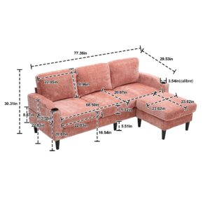 Klwenas Maec 77" Living Room Sectional Sofa, Convertible L Shaped 3-Seat Bench Sofa Couch with Storage Chaise Upholstered Couches,Comfy Polyester Upholstered Sofa Sleeper for Apartment, Office (Pink)