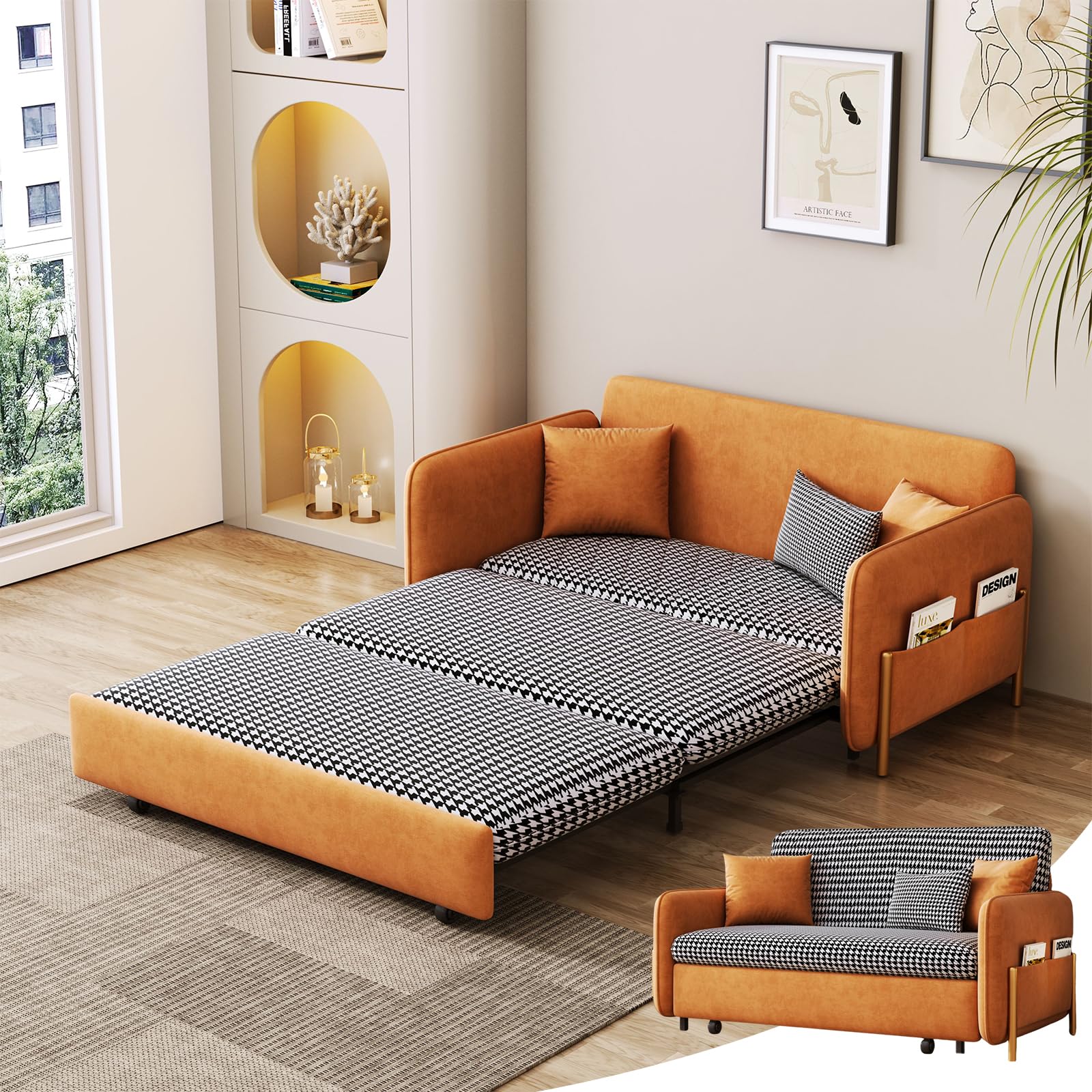 siu want 3 in 1 Sleeper Sofa Couch Bed, Convertible Pull Out Couch with Storage, Orange Folding Loveseat with 3 Pillows, Side Pockets, Velvet Sofa Bed for Living Room - 55.3In