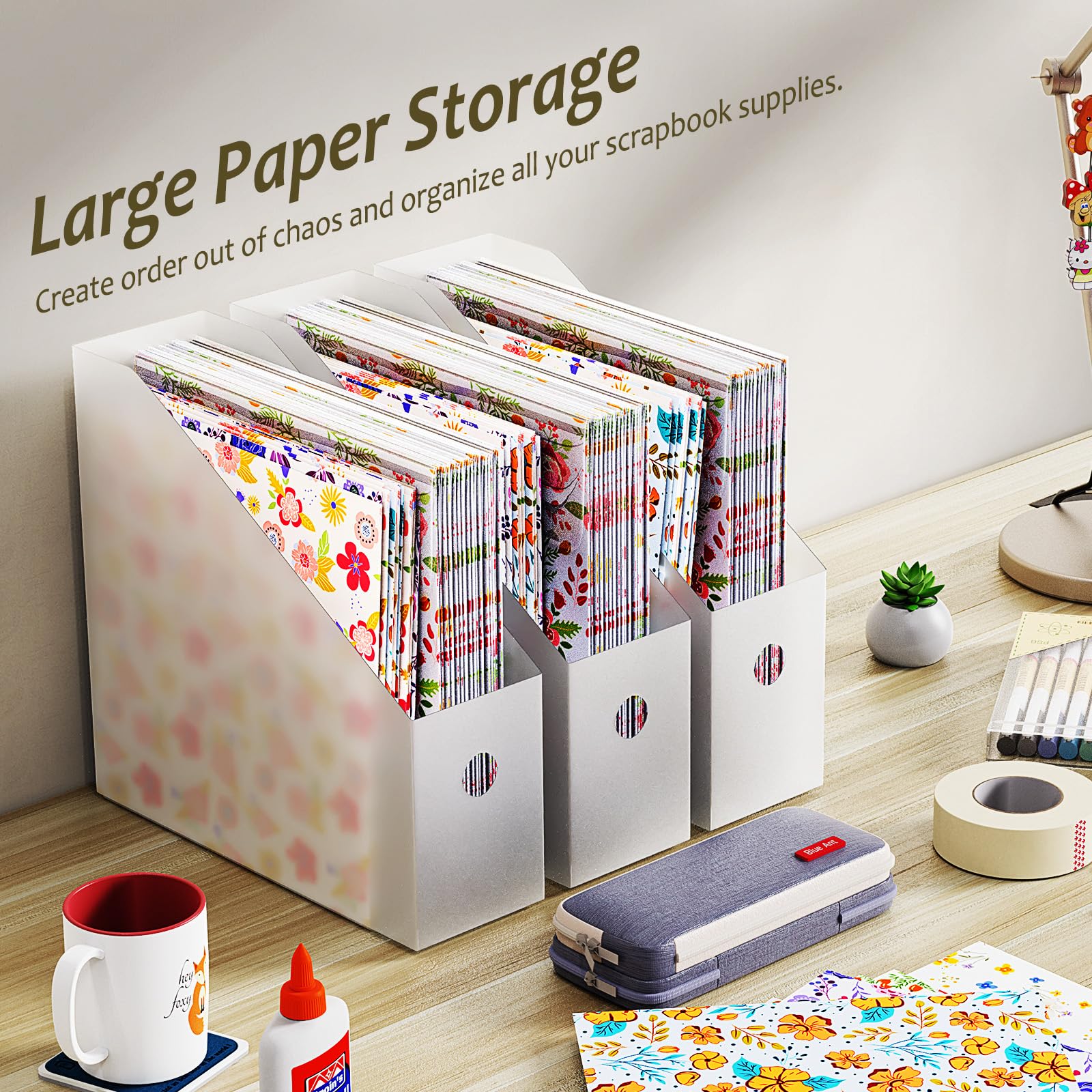 6PCS Scrapbook Paper Storage, Foldable Scrapbook Paper Holder with 2 Pieces Sticky Index Tabs for 12x12 Paper Storage Organizer, Files, Vinyl, Cardstock, Magazines, Documents