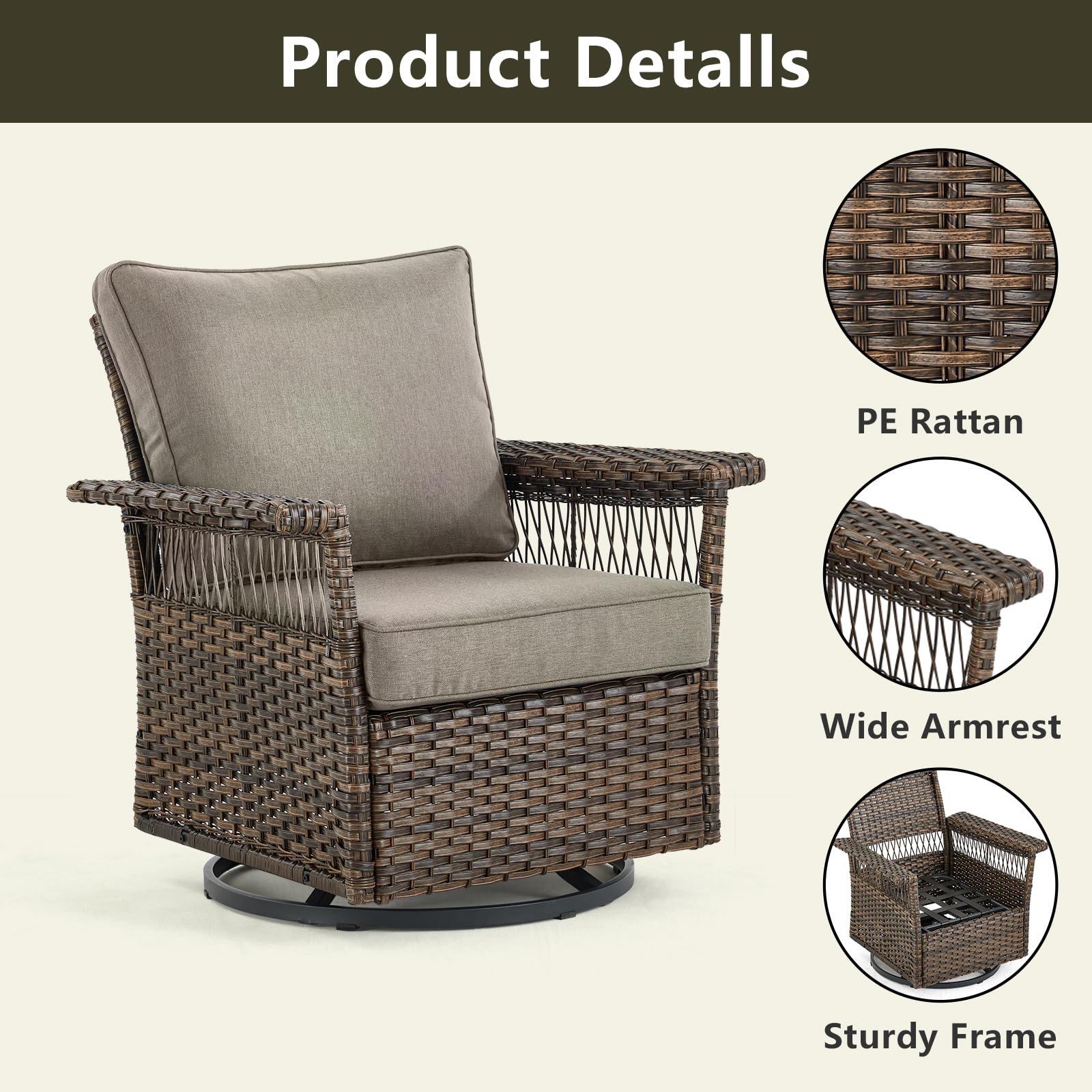 Pugire Outdoor Wicker Patio Furniture Set - 5 Piece Rattan Patio Conversation Sets with 2 Rocking Swivel Chairs,2 Ottomans and 1 Sofa for Porch Deck Garden(Brown/Grey)