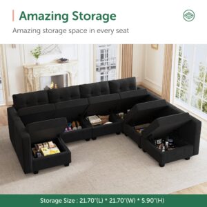 HONBAY Modular Sectional Sofa Oversized U Shaped Couch with Storage Seat Velvet 7-Seat Modular Sofa with Reversible Chaises,Velvet Black