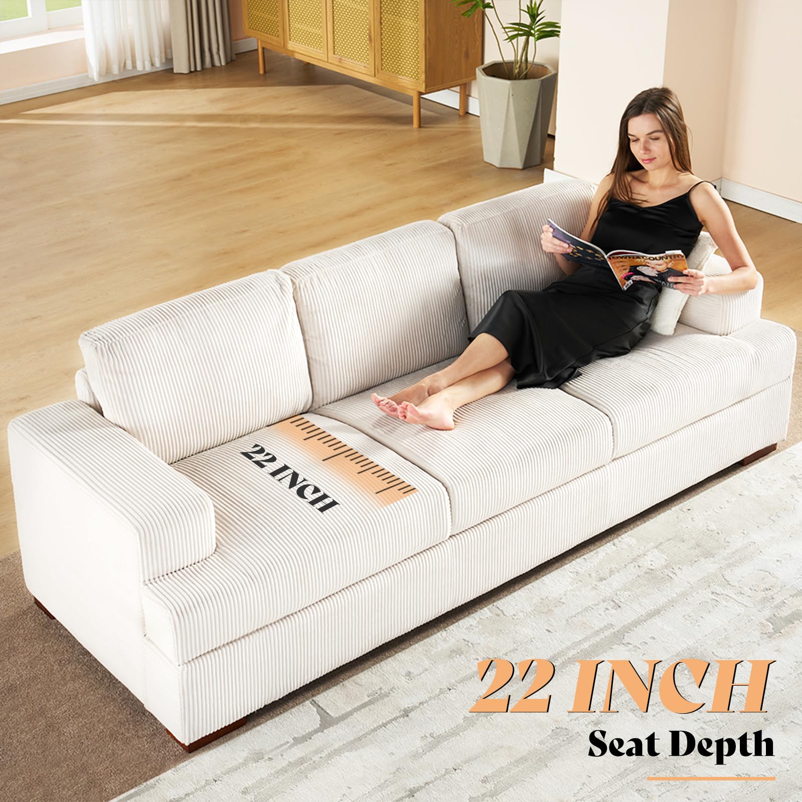 AMERLIFE 89in Couch, Comfy Sofa with Wood Legs, 3 Seater Modern Sofa- Deep Seat Couches for Living Room (Corduroy, White)