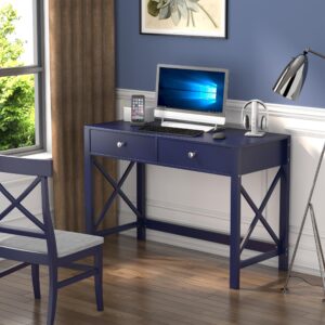 WiberWi Home Office Desk with Drawers, Modern Writing Computer Desk for Bedroom, Small Navy Makeup Vanity Table Desk for Girls, Study Table for Home Office