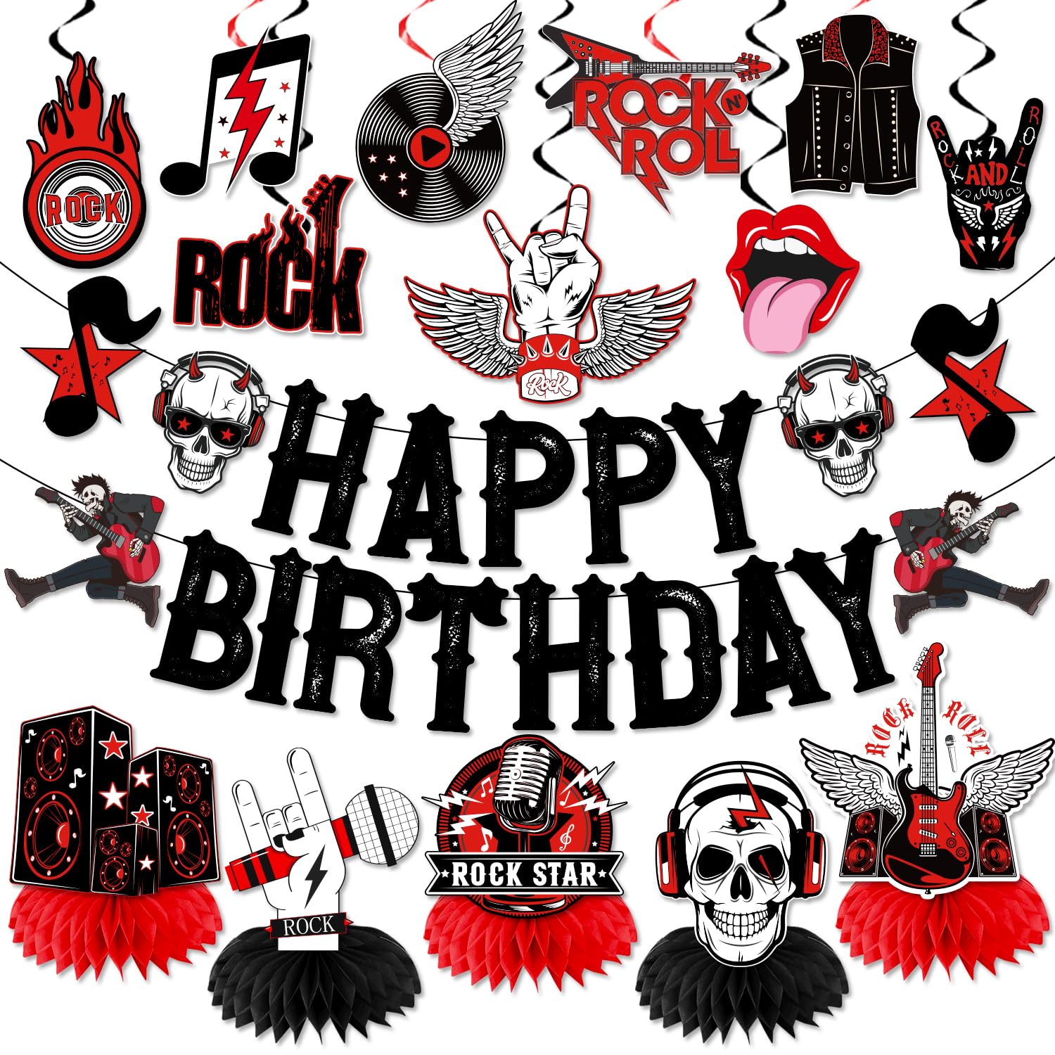 LARRAZABAL Rock and Roll Birthday Party Decorations Music Themed Party Decorations Include Happy Birthday Banner Hanging Swirls and Honeycomb Centerpiece Rock and Roll Baby Shower Supplies