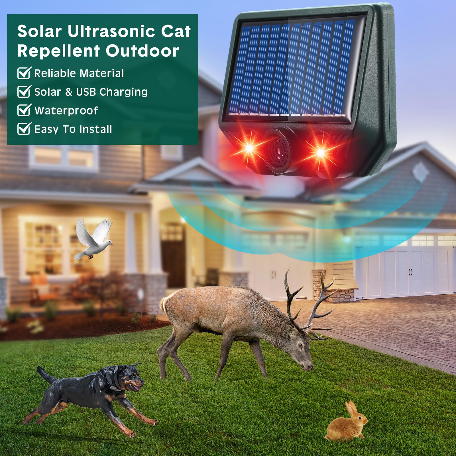 Qualirey 4 Pack Solar Ultrasonic Cat Repellent Outdoor Deer Repellent Devices with Strobe Flashing Light Waterproof Solar Animal Repeller Fox Deterrent for Wolves Dog Garden Yard