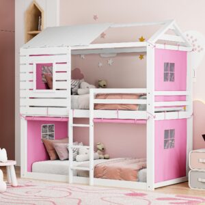 merax twin over twin bunk bed with tent, wood twin size house bed frame, pink+white