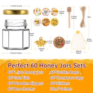 GIVAMEIHF 60Pcs Mini Glass Honey Jars,1.5oz Hexagon Small Honey Jars with Wooden Dippers,Gold Bags,Bee Charms,Thank You Cards,Rope,Stickers,Mini Honey Jars Party Favors for Baby Shower Wedding