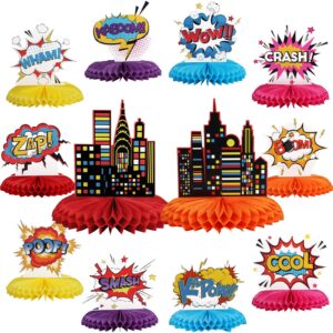 12pcs hero party decoration hero honeycomb centerpieces 3d hero table topper paper large word centerpieces fun hero action sign standing cards for happy birthday baby shower party supplies favor