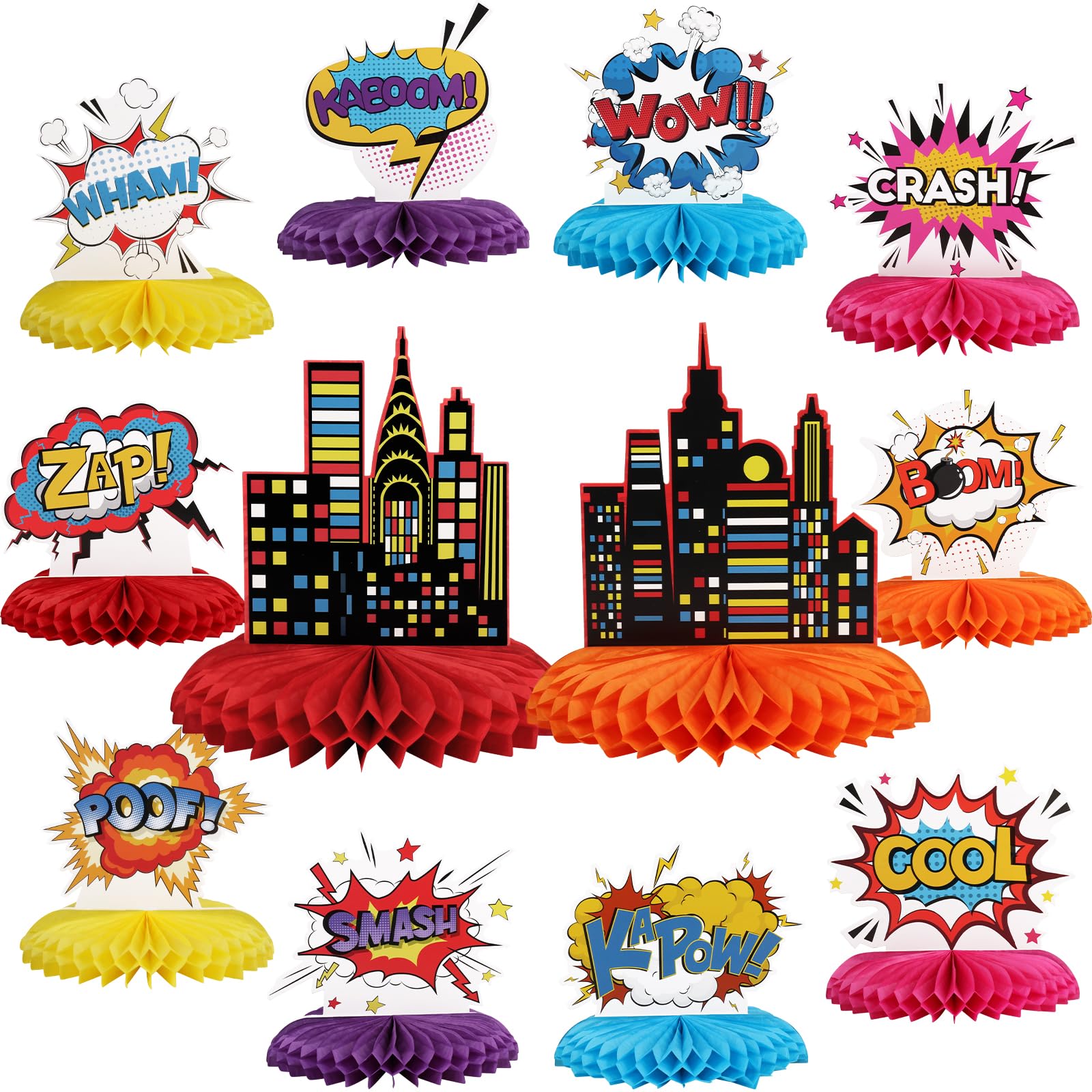 12PCS Hero Party Decoration Hero Honeycomb Centerpieces 3D Hero Table Topper Paper Large Word Centerpieces Fun Hero Action Sign Standing Cards for Happy Birthday Baby Shower Party Supplies Favor